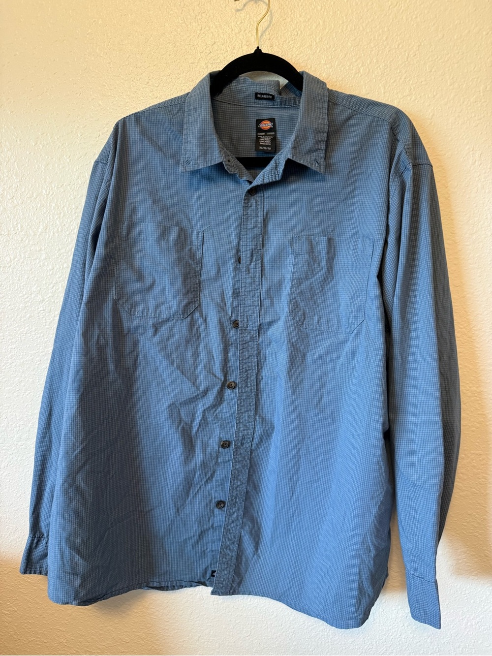 Dickies Mens XL Relaxed Fit Long‎ Sleeve Button Down Work Shirt Blue Micro Grid
